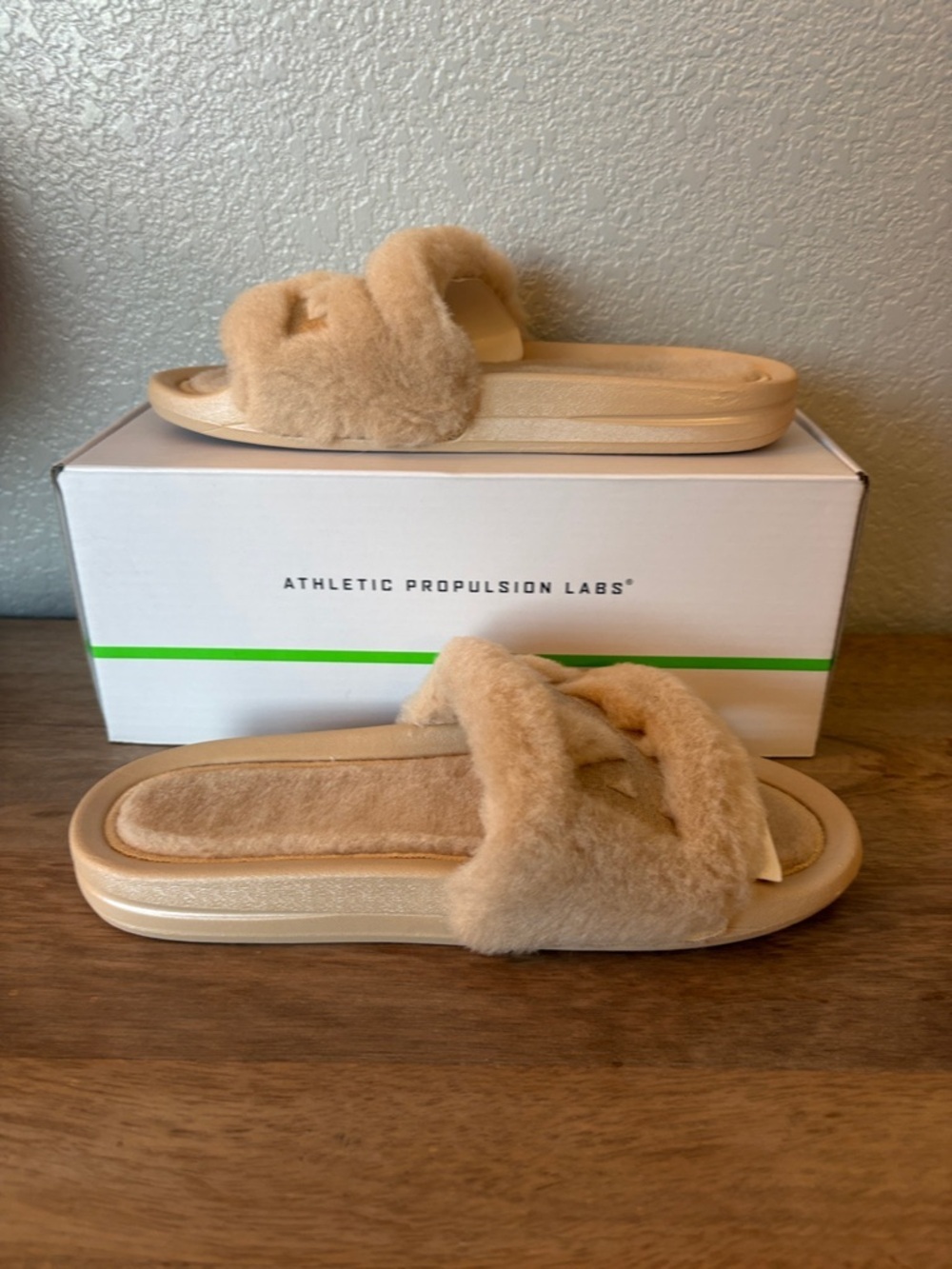 Athletic Propulsion Labs Fuzzy Slide Sandals in Beige